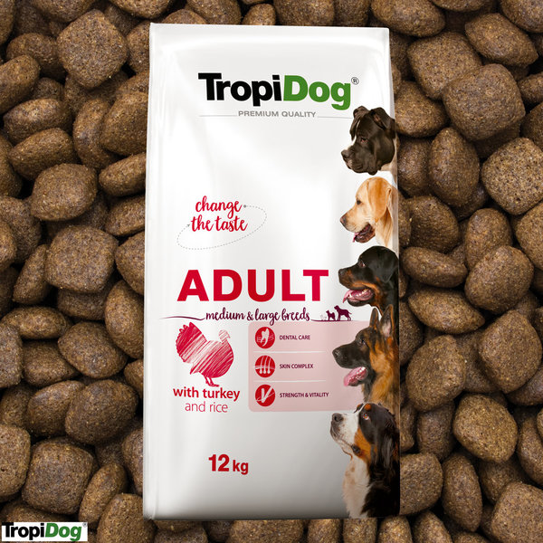 TropiDog Premium Adult für mittlere & große Rassen mit Truthahn & Reis 12kg