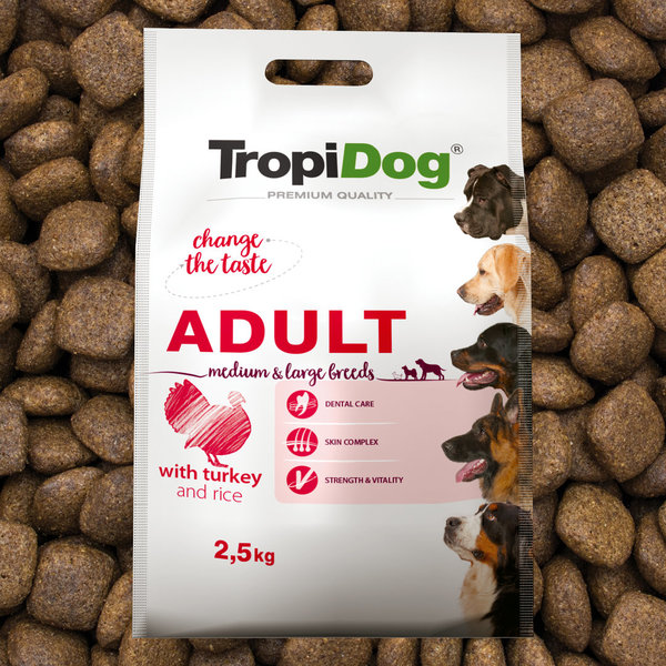 TropiDog Premium Adult für mittlere & große Rassen mit Truthahn & Reis 2,5kg (21)