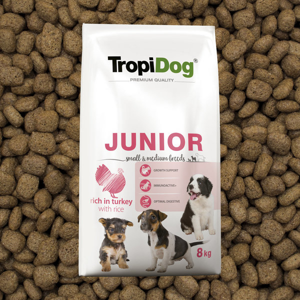 TropiDog Premium Junior für kleine Rassen mit Truthahn & Reis 8kg (21)