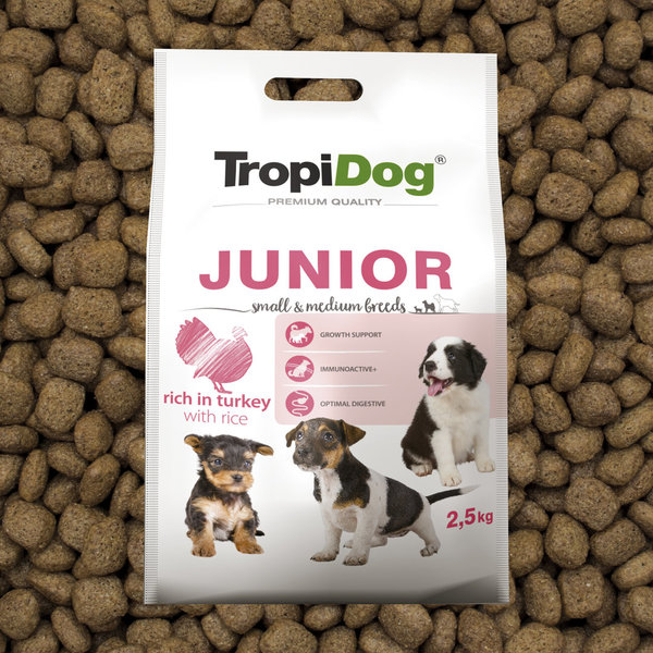TropiDog Premium Junior für kleine Rassen mit Truthahn & Reis 2,5kg (21)