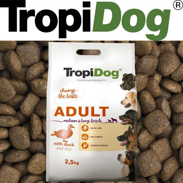 TropiDog Premium Adult für mittlere & große Rassen mit Ente & Reis 2,5kg (21)