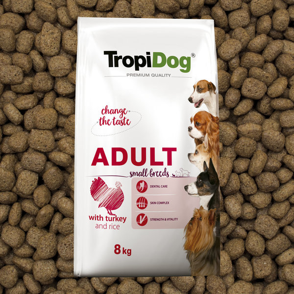 TropiDog Premium Adult für kleine Rassen mit Truthahn & Reis 8kg (21)
