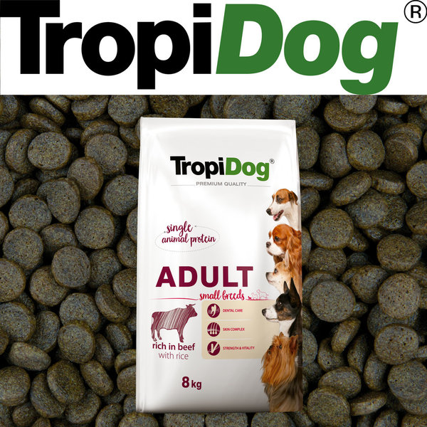 TropiDog Premium Adult für kleine Rassen reich an Rind & Reis 8kg (21)